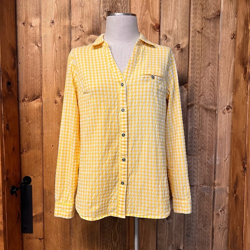 KUT From The Kloth Large Yellow White Gingham Print Long Sleeve Button Shirt - Picture 2 of 7